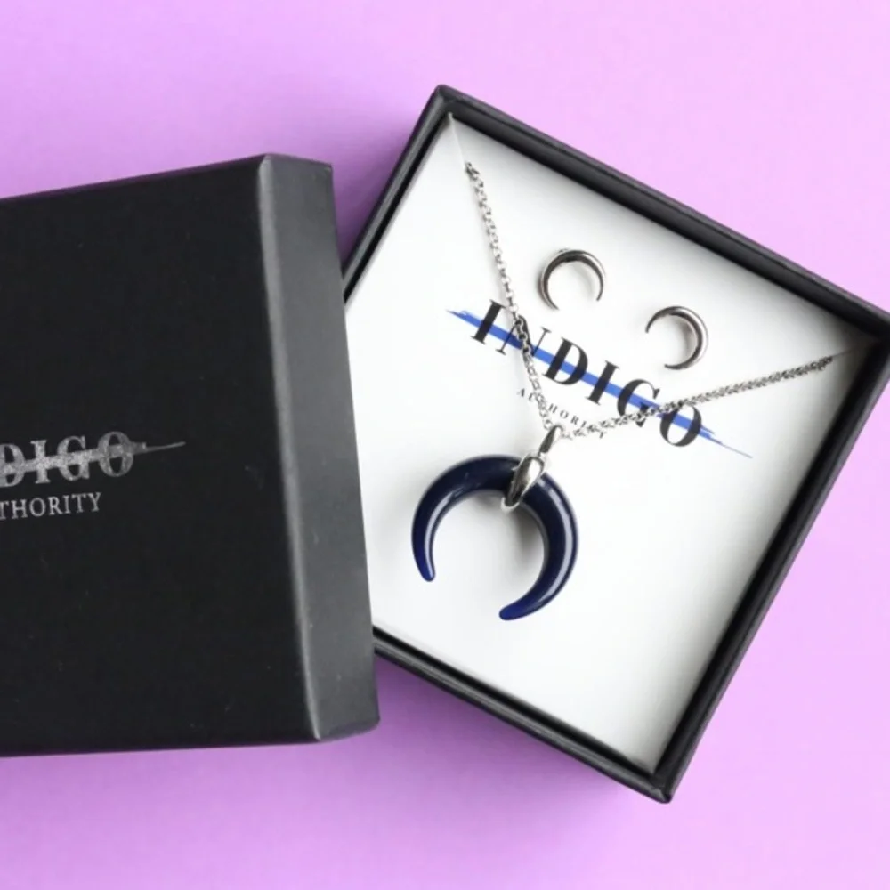 Indigo Authority Crescent Horn Necklace and Pierced Earrings Set
